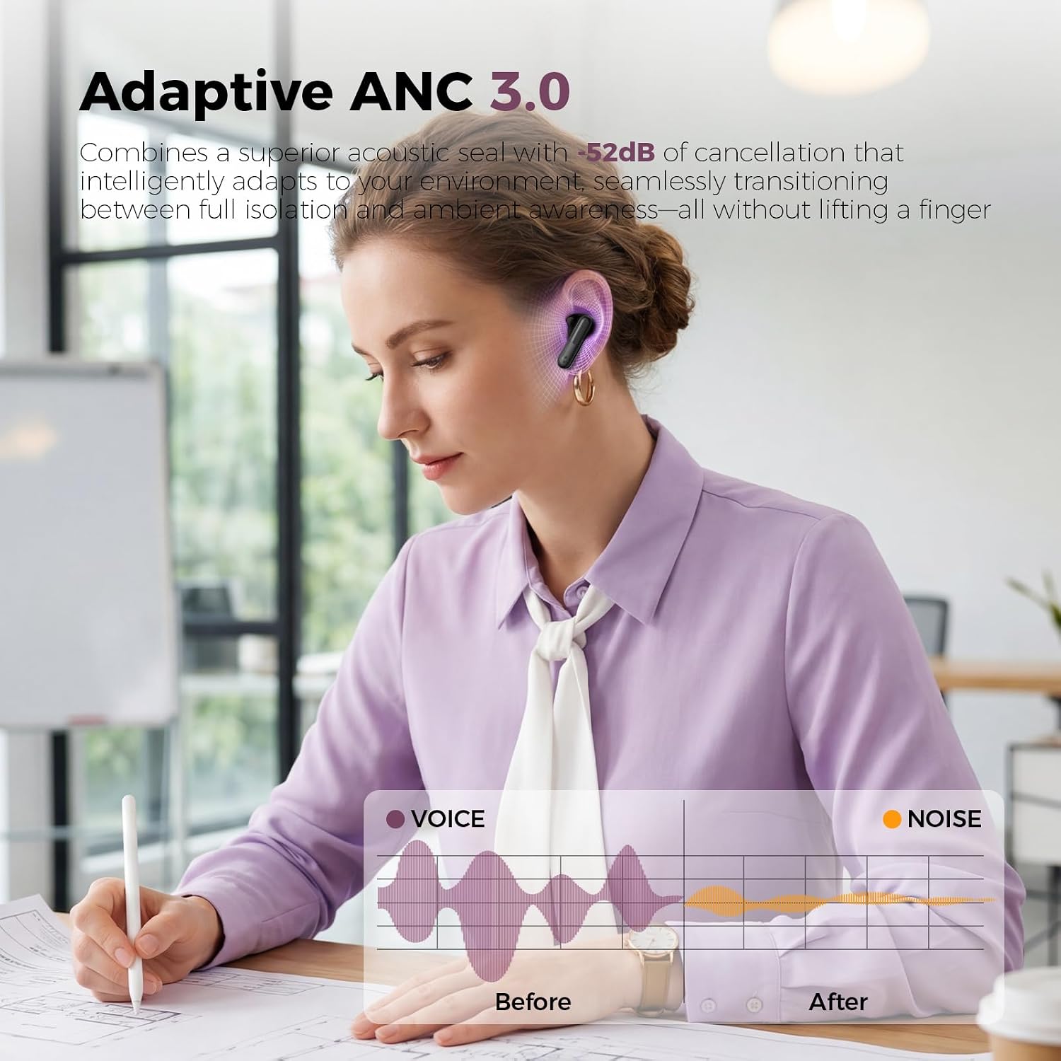havit Space T1 Wireless Earbuds, Adaptive Hybrid Active Noise Cancelling Bluetooth Earbuds, 6-Mic AI ENC, Head-Tracked Spatial Audio, 40.5H Playtime, Semi-in-Ear Fit, Bluetooth 6.0, IP54, Black - Image 2