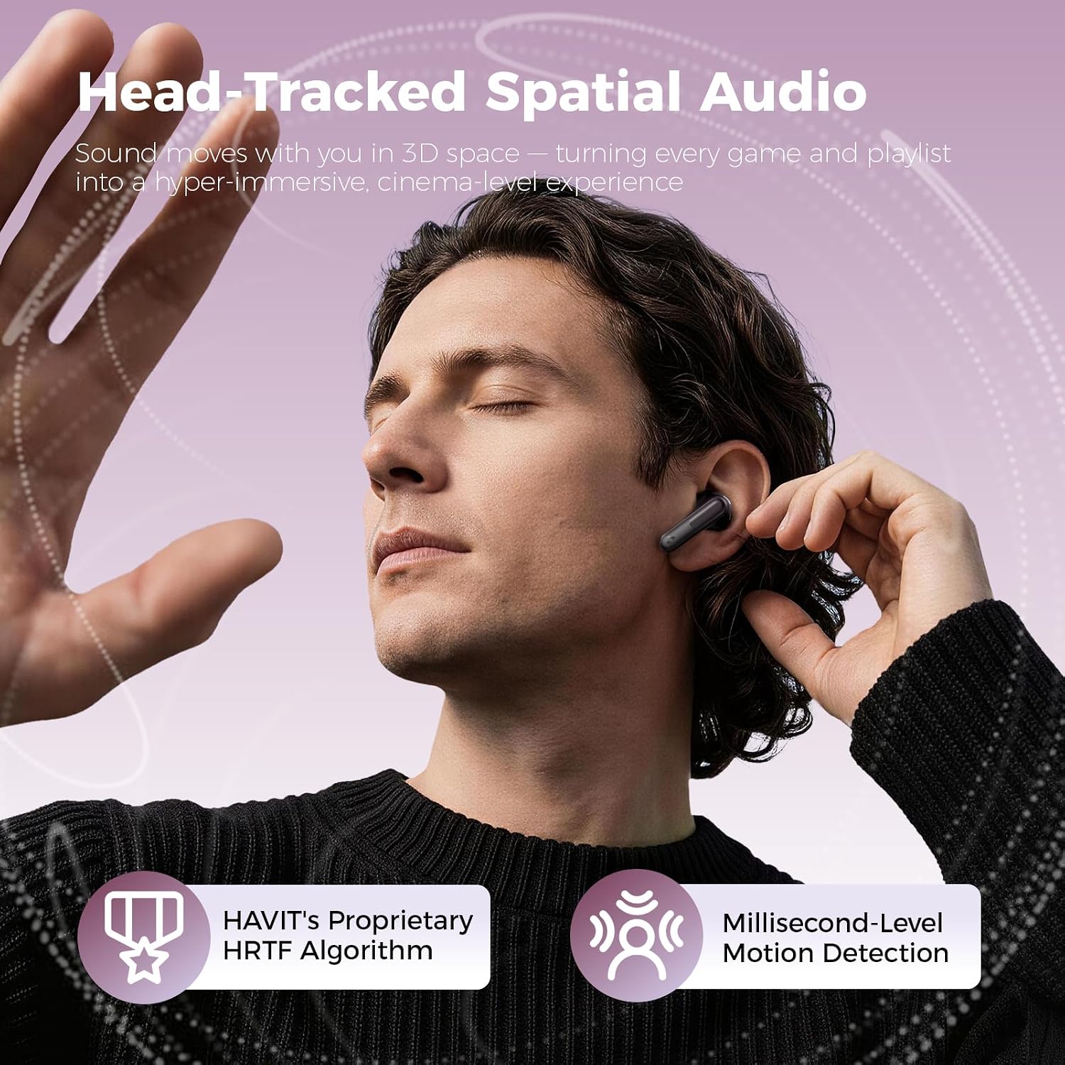 havit Space T1 Wireless Earbuds, Adaptive Hybrid Active Noise Cancelling Bluetooth Earbuds, 6-Mic AI ENC, Head-Tracked Spatial Audio, 40.5H Playtime, Semi-in-Ear Fit, Bluetooth 6.0, IP54, Black - Image 4