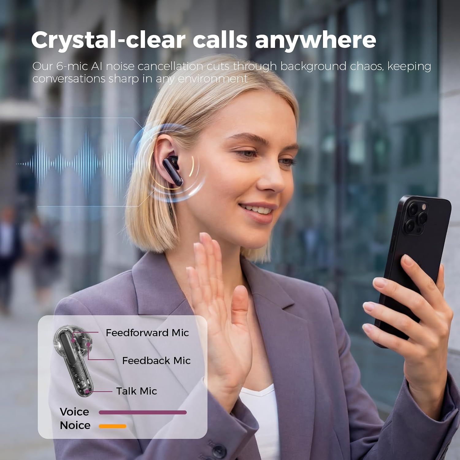 havit Space T1 Wireless Earbuds, Adaptive Hybrid Active Noise Cancelling Bluetooth Earbuds, 6-Mic AI ENC, Head-Tracked Spatial Audio, 40.5H Playtime, Semi-in-Ear Fit, Bluetooth 6.0, IP54, Black - Image 6