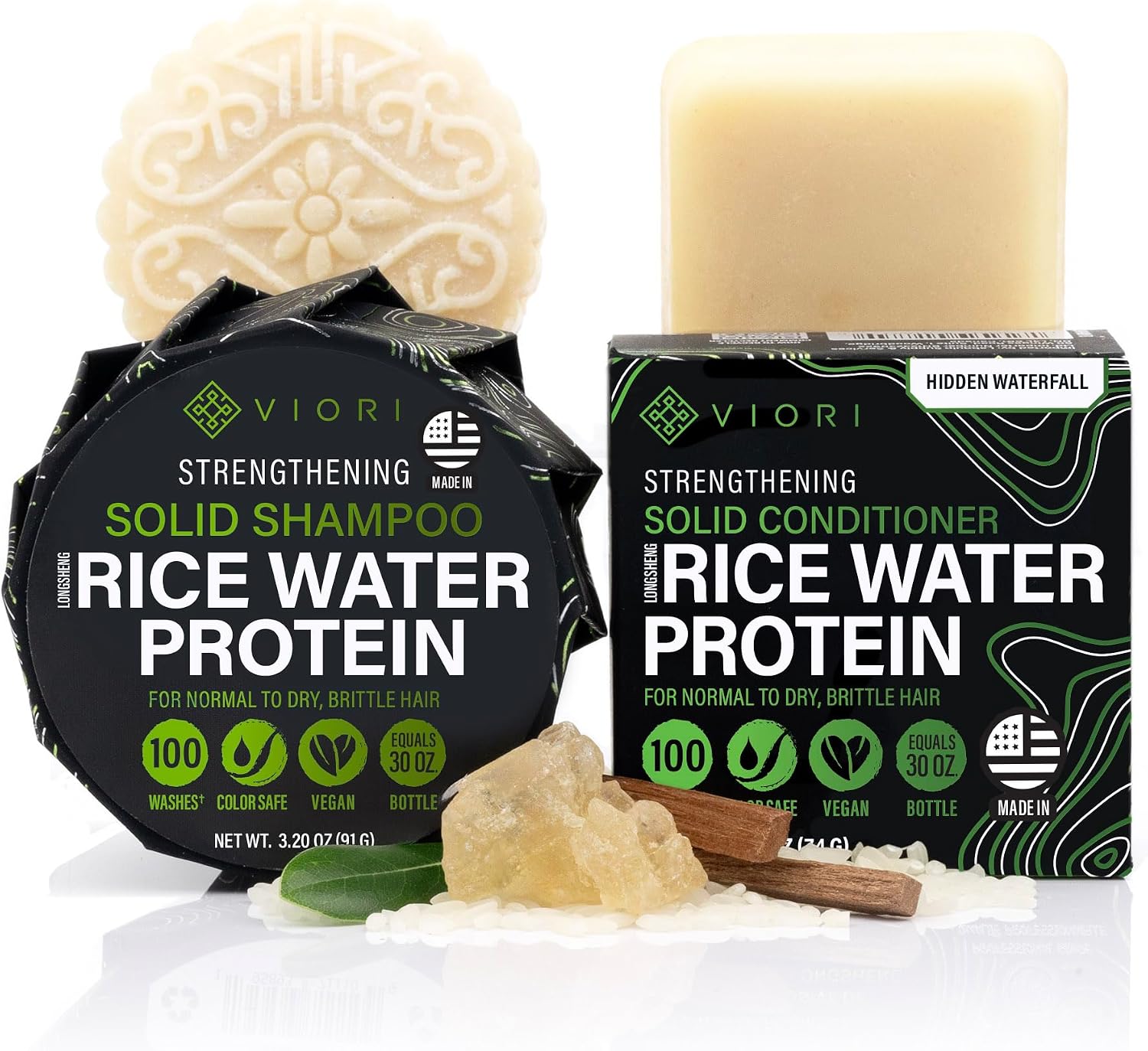 Viori Strengthening Shampoo & Conditioner Bar Set - Hidden Waterfall | Strengthens all hair types; vanilla-musk scent; sulfate/paraben/phthalate-free; vegan; handcrafted with Longsheng rice water